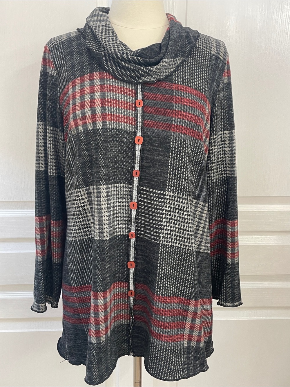 Pure Essence Plaid Faux Button-Front Cowl Neck Sweater - Black & Red